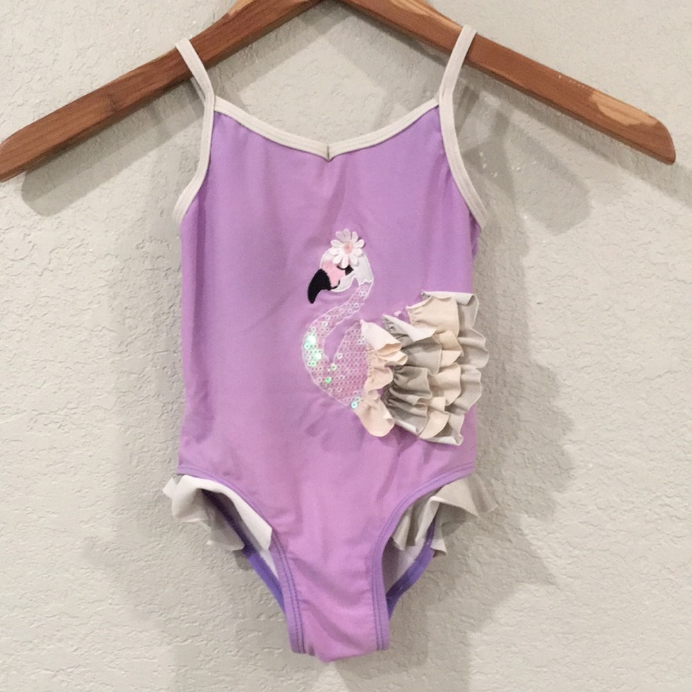 Flap Doodles Girls 4 Textured Sequin Flamingo One Piece Swimsuit
